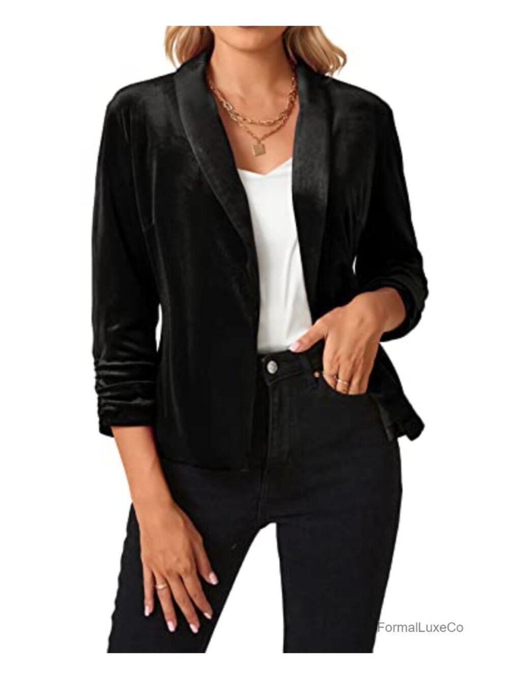 Velvet Blazer 3/4 Ruched Sleeve Shawl Lapel Open Front Business Casual